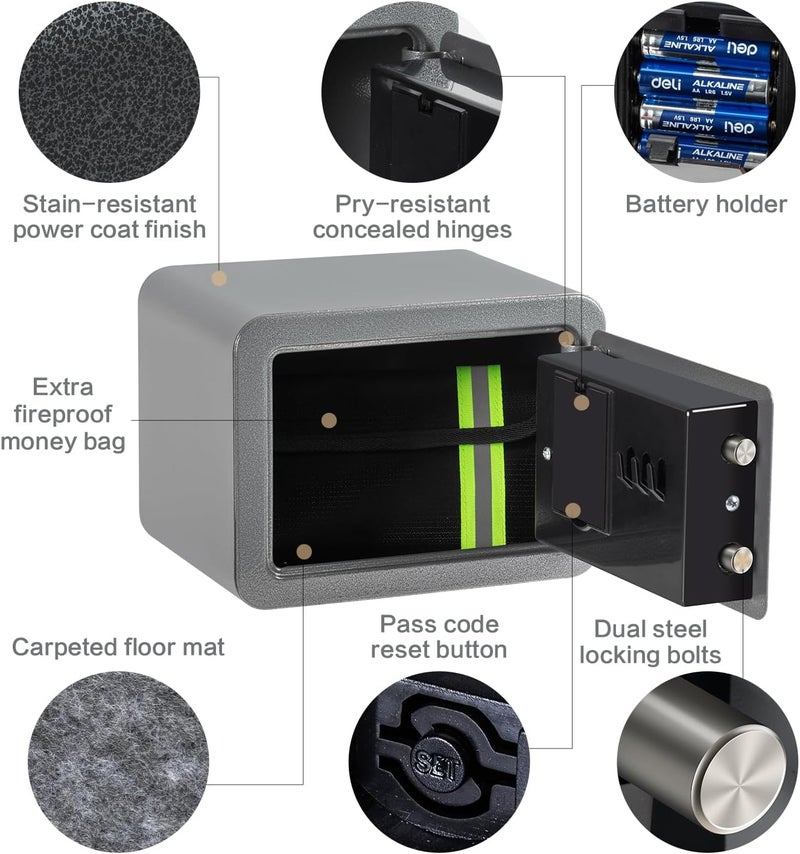 Locksworth 0.23 Cubic Feet Safe Box, Small Safe W/Fireproof Bag, Keys & Pass Code, Digital Electronic Security Money Box for Cash, Document, Home, Office, Hotel Use, Grey, 6.69"D x 9.06"W x 6.69"H - Image 5